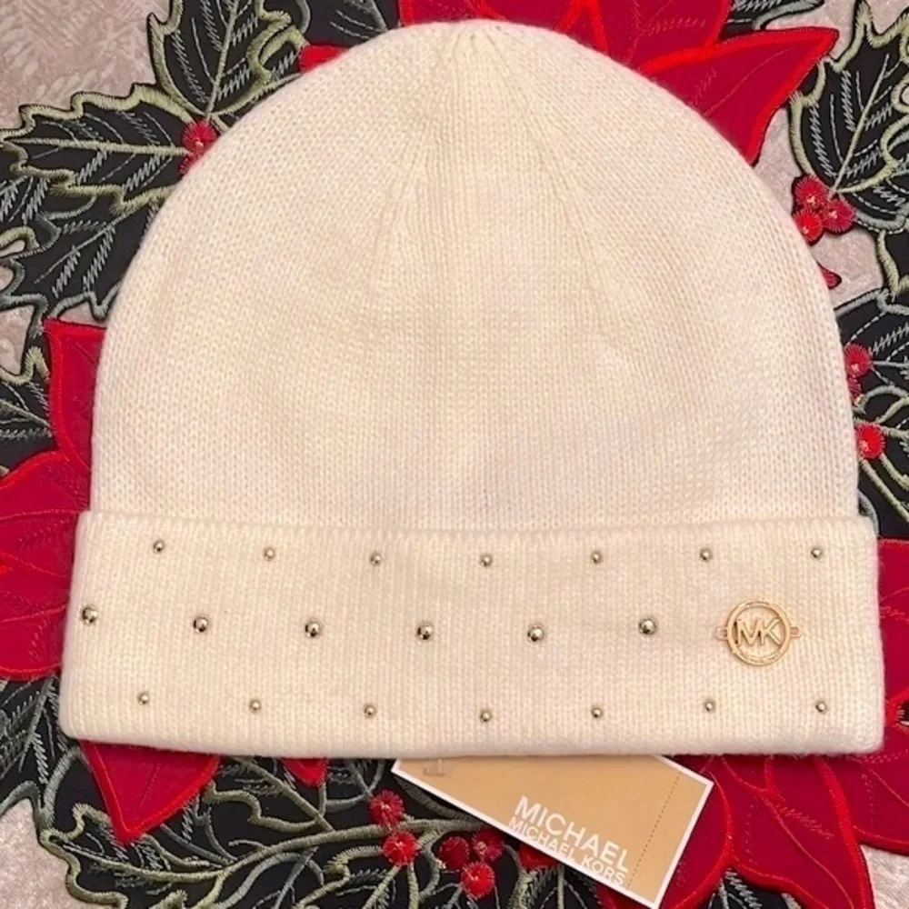 Brand New Michael Kors Cream Knit Beanie Hat w/ Gold Tone Metal Logo & Studs